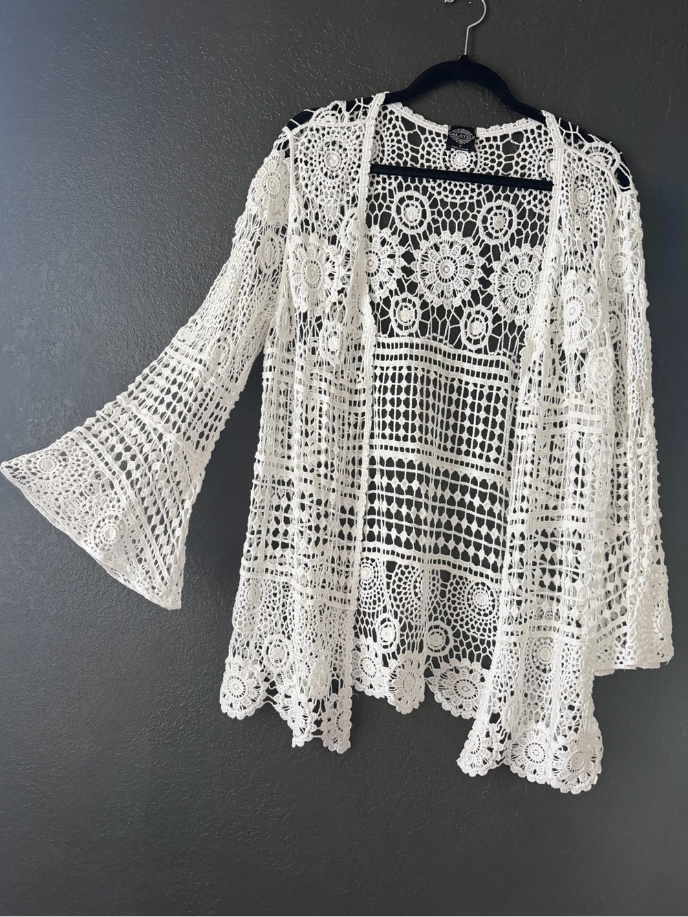 Cal Style Crochet Open Front Cardigan Floral Kimono Bell Sleeve Boho Festival S